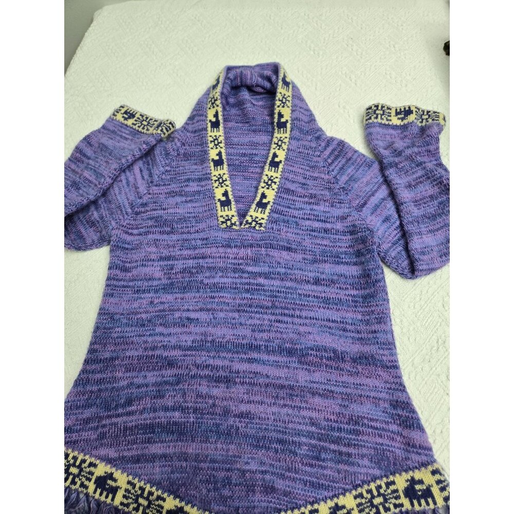 Handmade Purple Knit Sweater With Llama & Snowflake Trim Fringed Hem Bust 34